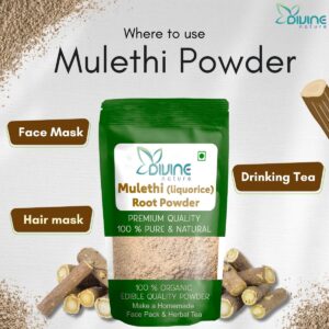 divine nature pure organic mulethi powder for face and eating | natural licorice powder for edible, drinking, skin and hair