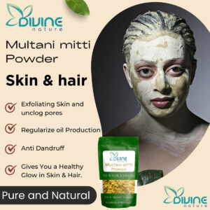 divine nature organic multani mitti powder for face pack, hair and skin | removes dead skin, cleanses pores, reduces dandruff & scalp itchiness fuller's earth, bentonite clay