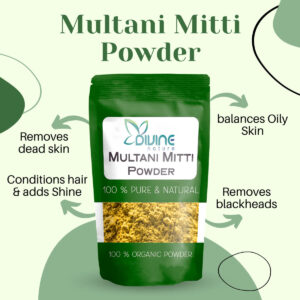 divine nature organic multani mitti powder for face pack, hair and skin | removes dead skin, cleanses pores, reduces dandruff & scalp itchiness fuller's earth, bentonite clay