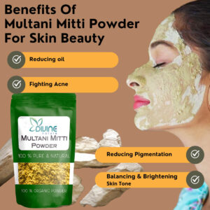 divine nature organic multani mitti powder for face pack, hair and skin | removes dead skin, cleanses pores, reduces dandruff & scalp itchiness fuller's earth, bentonite clay